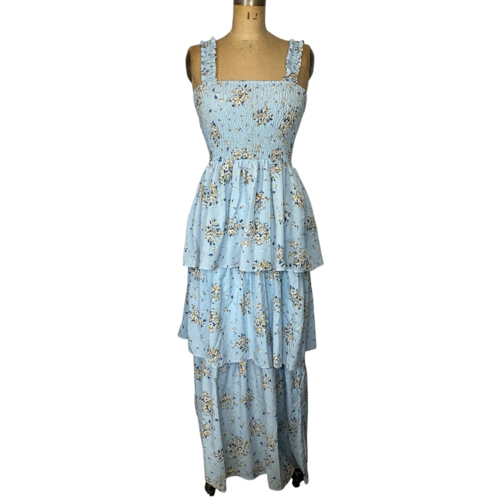 Sugarlips Blue Floral Tiered Maxi Dress Size M